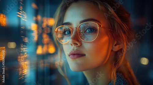 Portrait of a Young Woman with Glasses Gazing Intently with a Reflective Surface and Mood Lighting Creating an Ambient Atmosphere in a Modern Urban Setting