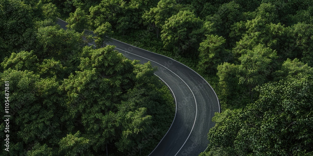 A winding road through a dense forest in summer, photographed from above. The vibrant green of the trees contrasts with the dark asphalt, highlighting the road s smooth c A winding road through a dense forest in summer, photographed from above. The vibrant green of the trees contrasts with the dark asphalt, highlighting the road s smooth c