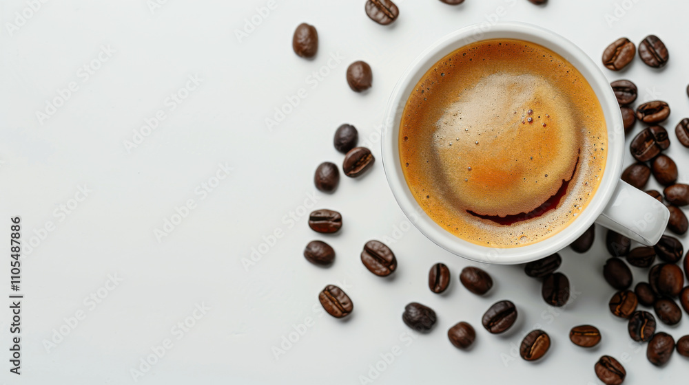 Fototapeta premium Small espresso cup with coffee beans isolated on white background