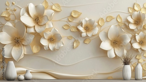Elegant 3D floral mural wallpaper in cream, gold. Delicate embossed flowers, leaves create luxurious, sophisticated design. Textured surface adds depth, visual interest. Perfect for home decor