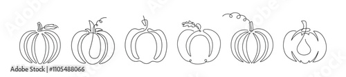 Set of black line art pumpkins drawn with single continuous line isolated on white background. Concept of minimalism, autumn harvest, Halloween decoration, Thanksgiving symbol, simple botanical art
