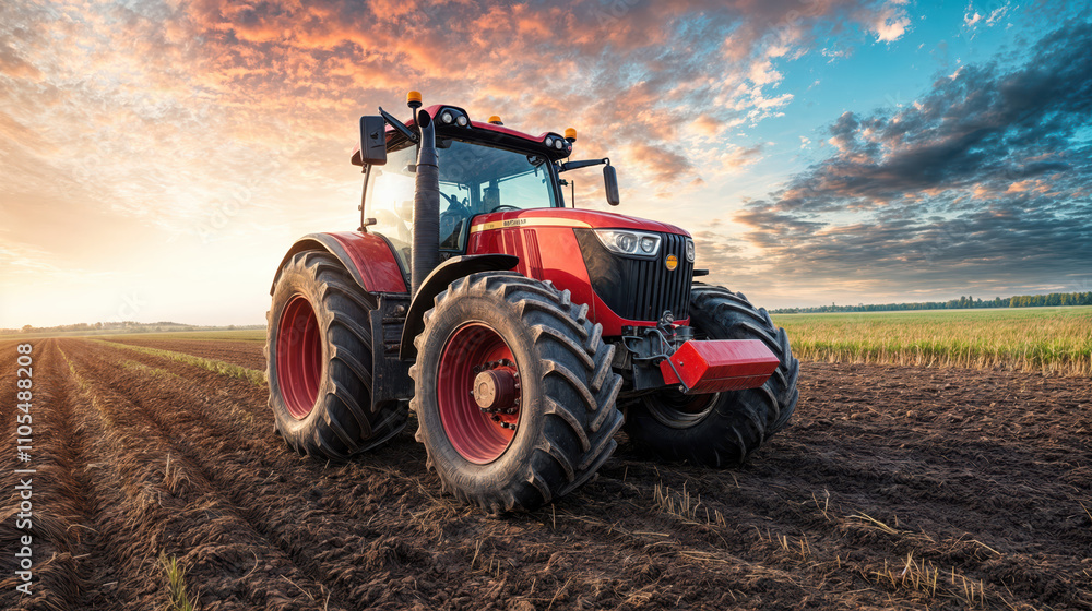 Red tractor working in a field at sunset: modern agriculture and farming Red tractor working in a field at sunset: modern agriculture and farming