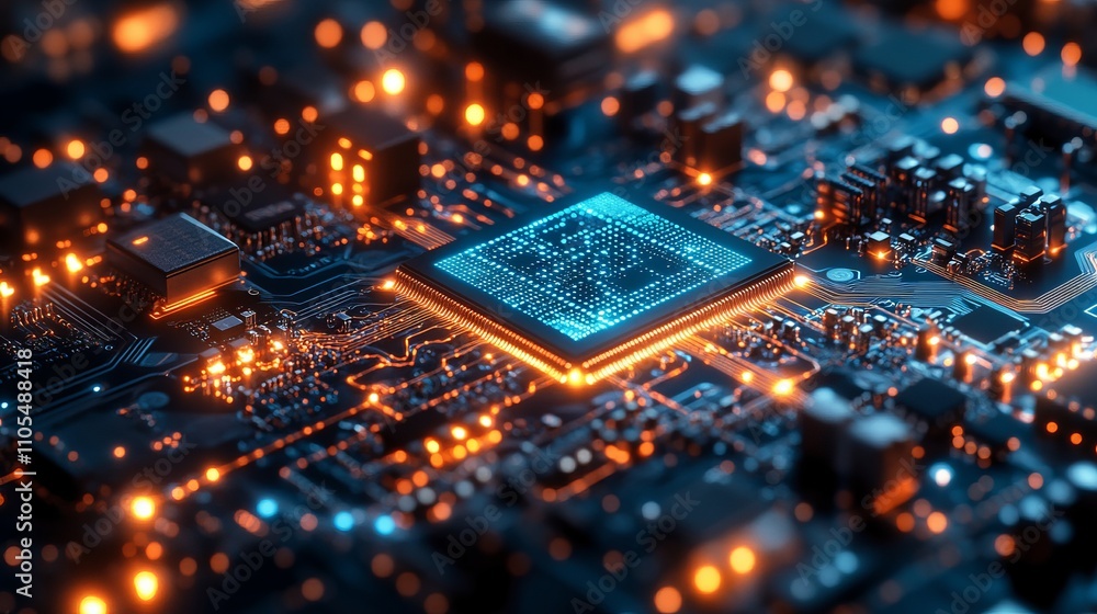 Intricate Circuit Board with Glowing Processor - Advanced Technology Design Intricate Circuit Board with Glowing Processor - Advanced Technology Design