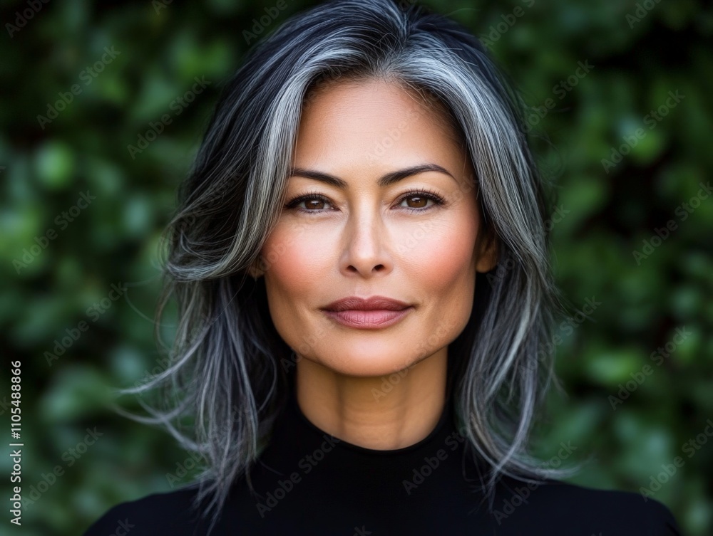 A mature woman with gray hair in a black top poses elegantly against a vibrant green floral background, radiating grace and beauty. A mature woman with gray hair in a black top poses elegantly against a vibrant green floral background, radiating grace and beauty.