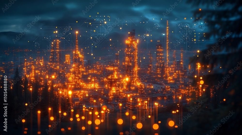 Glowing Oil Refinery Cityscape at Night with Illuminated Skyscrapers and Industrial Facilities Glowing Oil Refinery Cityscape at Night with Illuminated Skyscrapers and Industrial Facilities
