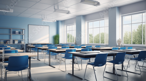 Modern classroom featuring neatly arranged desks and chairs in rows, designed for effective and comfortable learning sessions	