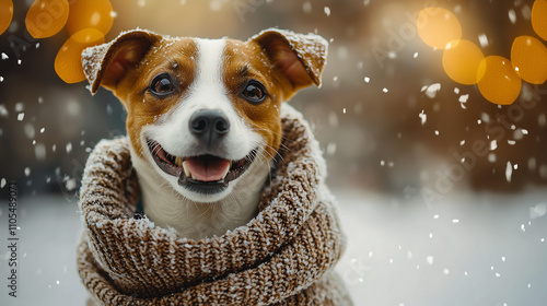 smiling Jack Russell terrier, wearing a brown knit scarf stands in the snow Snowflakes fall gently bokeh lights blur the background photo