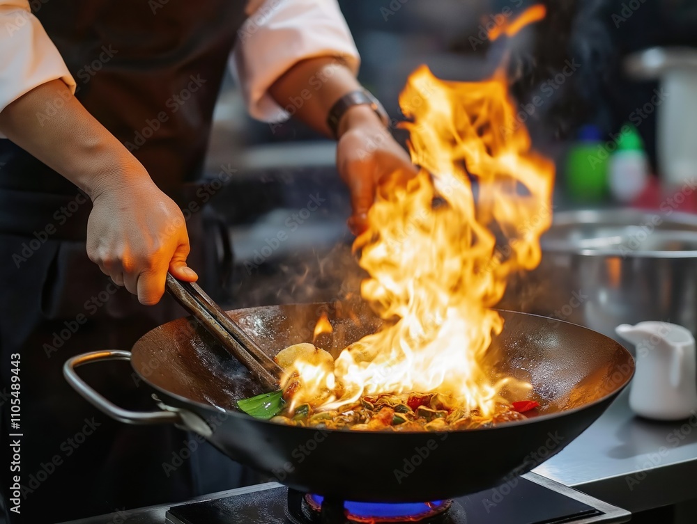Chef expertly cooks food in wok with flames. Pro kitchen setting shows skillful stir-frying techniques. High-heat cooking method creates appetizing dish. Chef handles wok with chopsticks. Food Chef expertly cooks food in wok with flames. Pro kitchen setting shows skillful stir-frying techniques. High-heat cooking method creates appetizing dish. Chef handles wok with chopsticks. Food