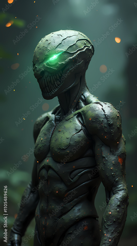Naklejka premium Glowing Jungle Stalker - High-Resolution Sci-Fi Character Design - Game Asset well-suited for backgrounds in science fiction and fantasy settings, video games and visual arts needing to convey a sense