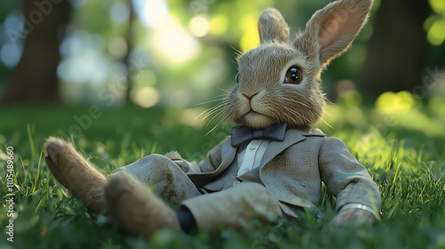 dapper rabbit in a suit rests in lush green grass Sunlight filters through the background The bunny wears a bow tie exuding a sophisticated charm photo