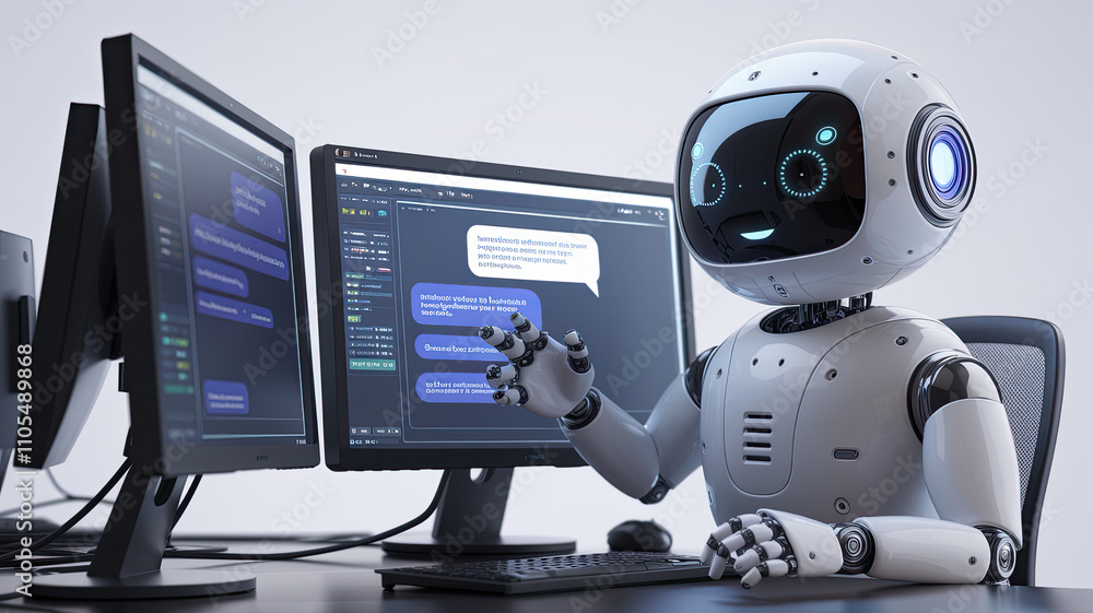 3D AI chatbots interacting and chatting on a computer screen, showcasing advanced technology, digital communication, and artificial intelligence in a futuristic setting, isolated on a clean white 3D AI chatbots interacting and chatting on a computer screen, showcasing advanced technology, digital communication, and artificial intelligence in a futuristic setting, isolated on a clean white