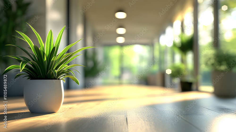 Sunlit Chlorophytum comosum in Pot Rests on Wooden Floor, Bright Interior Background Sunlit Chlorophytum comosum in Pot Rests on Wooden Floor, Bright Interior Background