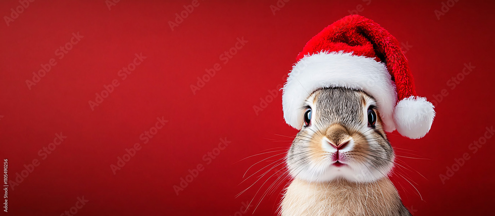 A cheerful rabbit in a Santa hat with a vivid red background, perfect for Christmas cards, holiday promotions, or seasonal marketing campaigns. A cheerful rabbit in a Santa hat with a vivid red background, perfect for Christmas cards, holiday promotions, or seasonal marketing campaigns.