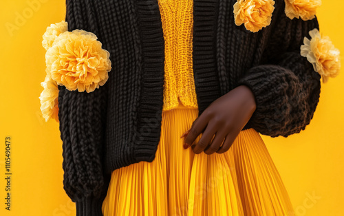 fashion portrait focusing on texture and color with yellow pleated skirt and black sweater adorned with flowers