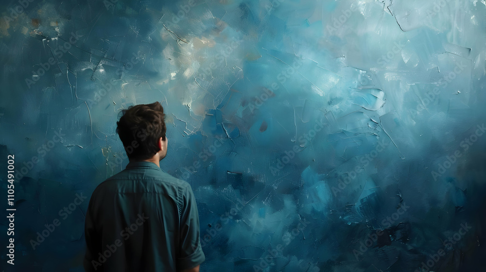 Abstract Painting, Man Observing Teal Textured Art Abstract Painting, Man Observing Teal Textured Art