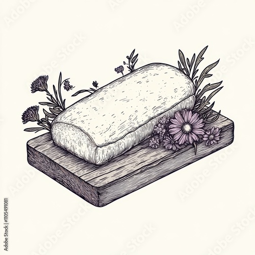 Fresh loaf of sourdough bread accompanied by wildflowers on a wooden board in a minimalist setting photo