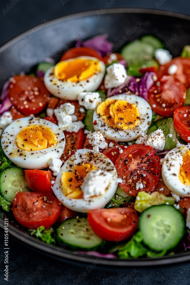 A vibrant salad featuring fresh ingredients such as boiled eggs, ripe cherry tomatoes, crisp cucumbers, and creamy feta cheese, seasoned with black pepper. A vibrant salad featuring fresh ingredients such as boiled eggs, ripe cherry tomatoes, crisp cucumbers, and creamy feta cheese, seasoned with black pepper.