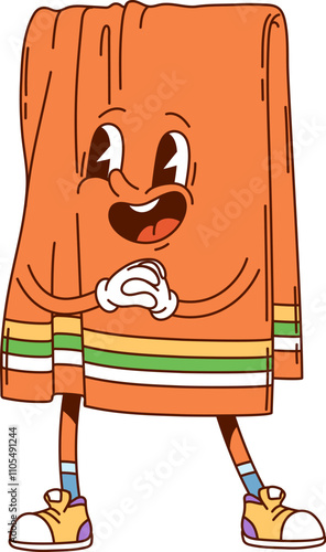 Cartoon groovy towel household character with a friendly smile exudes funky vibe and joy. Isolated vector bath cloth cheerful retro personage laughing joyfully, exudes a warm, friendly homey vibe