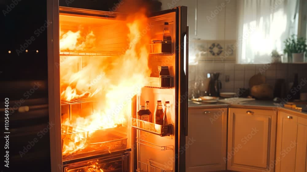 Kitchen Emergency A Refrigerator Fire Broke Out in a Modern Kitchen, Seriously Endangering Home and Safety Kitchen Emergency A Refrigerator Fire Broke Out in a Modern Kitchen, Seriously Endangering Home and Safety
