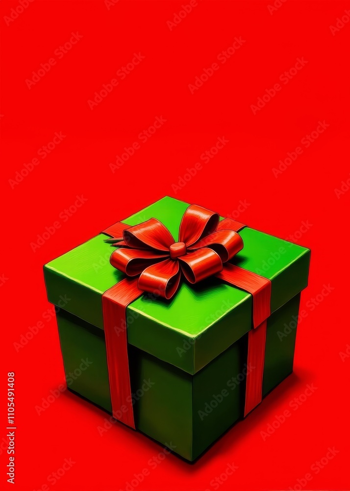 Obraz premium Eine grüne Geschenkbox mit roter Schleife steht auf einem roten Hintergrund mit Textfreiraum. Ideal für Weihnachtskarten und Grußkarten. Minimalistisch und festlich. Generative KI.