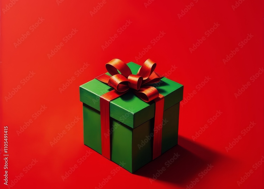 Eine grüne Geschenkbox mit roter Schleife steht auf einem roten Hintergrund mit Textfreiraum. Ideal für Weihnachtskarten und Grußkarten. Minimalistisch und festlich. Generative KI. Eine grüne Geschenkbox mit roter Schleife steht auf einem roten Hintergrund mit Textfreiraum. Ideal für Weihnachtskarten und Grußkarten. Minimalistisch und festlich. Generative KI.