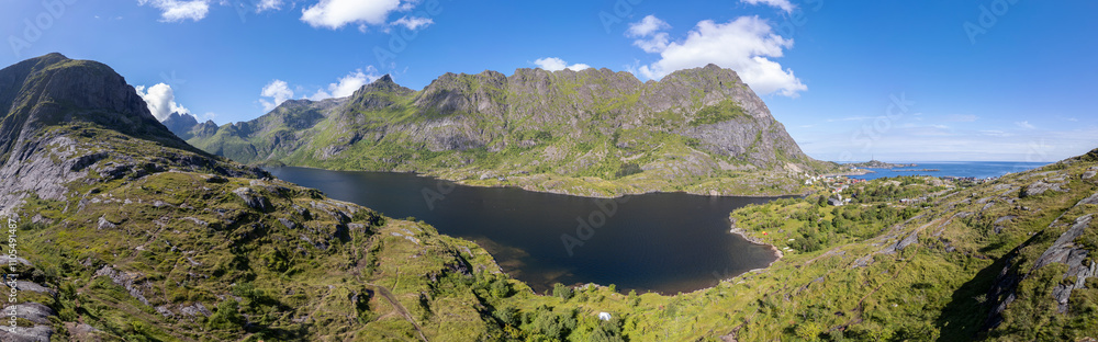 Obraz premium Aerial view over Lake Agvatnet in Lofotodden National Park, with peak of Mengelsdalstinden in background. A i Lofoten in Lofoten district of Norway