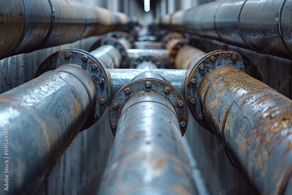 Industrial interior with exposed pipes, concrete walls, and metallic elements, creating a rugged aesthetic Industrial interior with exposed pipes, concrete walls, and metallic elements, creating a rugged aesthetic