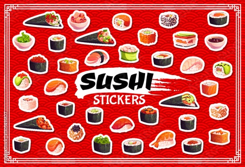 Cartoon japanese sushi and rolls stickers pack, vector asian cuisine food. Salmon fish sashimi, rice and nori nigiri, maki and temaki sushi, gunkan, hosomaki and uramaki rolls cartoon stickers set