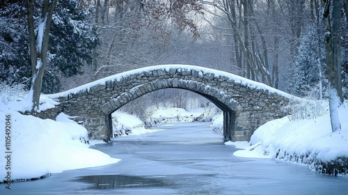 A small stone bridge covered in snow, arching over a frozen river, surrounded by winter trees.