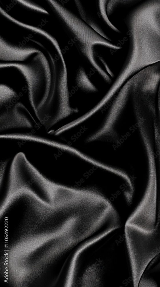 Fototapeta premium Luxurious black silk fabric with smooth, flowing curves and folds creating a sensual and elegant texture. Abstract background of dark satin material.