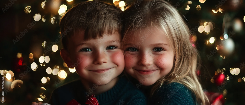 Portrait of happy smiling children's, kids at Christmas studio taking surprise gift boxes. Confetti, lights, snowflakes holidays ambience. Christmas background. Generative ai Portrait of happy smiling children's, kids at Christmas studio taking surprise gift boxes. Confetti, lights, snowflakes holidays ambience. Christmas background. Generative ai