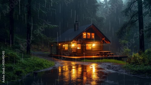 Warm and cozy cabin in the middle of the rainforest with shining lights