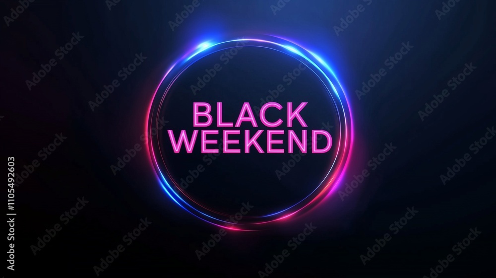 Neon Black Weekend text with glowing pink and blue circular light effect on dark background Neon Black Weekend text with glowing pink and blue circular light effect on dark background