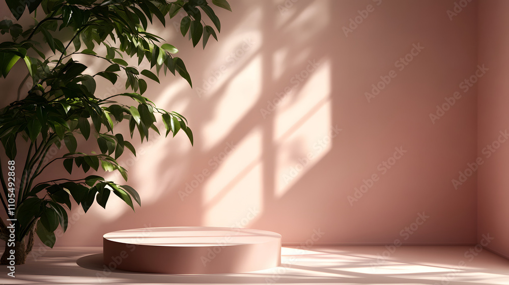 A pink podium with a plant and window light in front of a pink wall. A pink podium with a plant and window light in front of a pink wall.