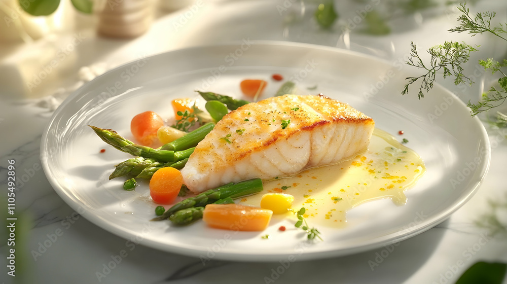 Luxurious Fresh Caught Wild Chilean Sea Bass with Saffron Beurre Blanc Sauce, Asparagus Tips and Heirloom Baby Vegetables, Professional Fine Dining Restaurant Photography Luxurious Fresh Caught Wild Chilean Sea Bass with Saffron Beurre Blanc Sauce, Asparagus Tips and Heirloom Baby Vegetables, Professional Fine Dining Restaurant Photography