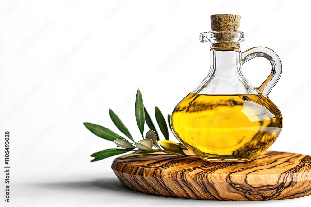 Olive oil decanter on a wooden board made of olive wood. Generative Ai Olive oil decanter on a wooden board made of olive wood. Generative Ai