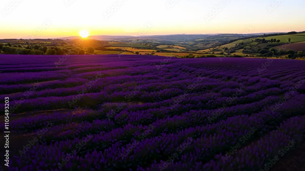 vast field of blooming lavender stretches under a golden sunset sky, creating a calm and peaceful atmosphere. vast field of blooming lavender stretches under a golden sunset sky, creating a calm and peaceful atmosphere.