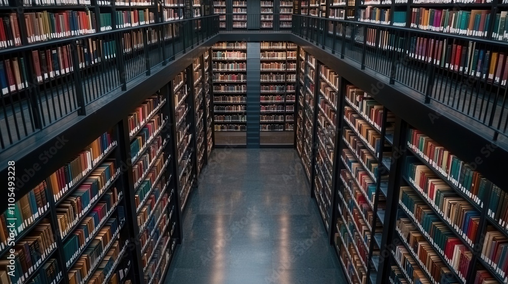 Virtual reality and accessibility, Aerial view of a vast library filled with bookshelves, showcasing rows of colorful books in a modern architectural space. Virtual reality and accessibility, Aerial view of a vast library filled with bookshelves, showcasing rows of colorful books in a modern architectural space.