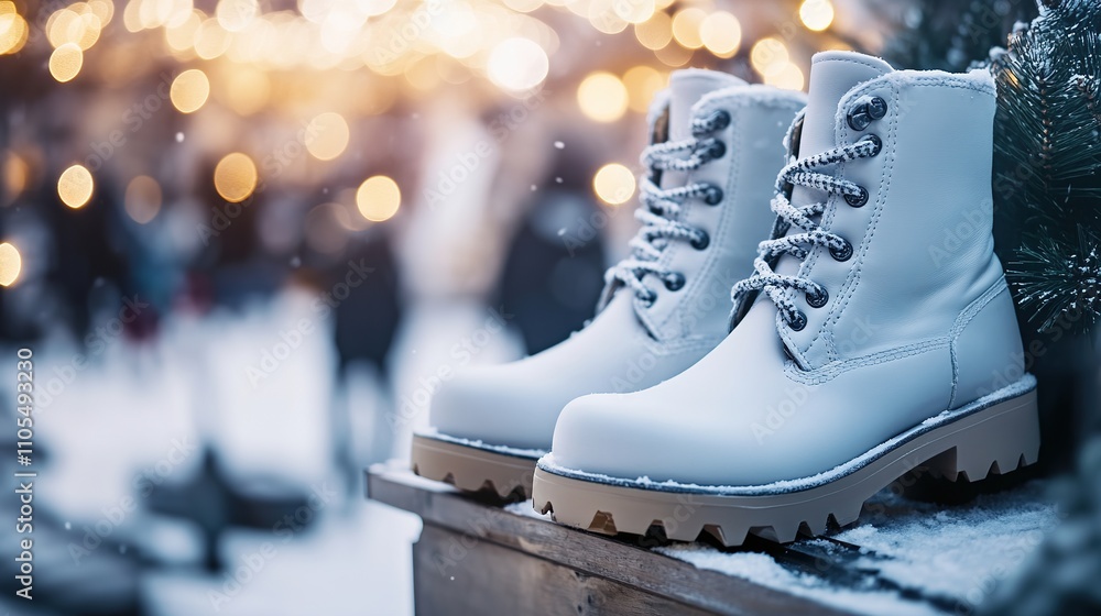 Winter boots on snowy ledge with festive lights backdrop Winter boots on snowy ledge with festive lights backdrop