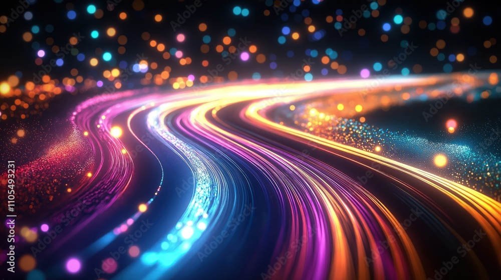 Abstract tech background shows light trails moving along road. Vivid colors create dynamic effect suggesting high speed movement. Futuristic tech concept for tech company. Image suitable for tech Abstract tech background shows light trails moving along road. Vivid colors create dynamic effect suggesting high speed movement. Futuristic tech concept for tech company. Image suitable for tech