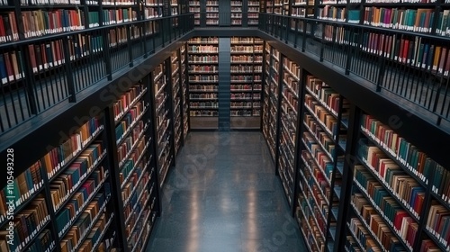 Virtual reality and accessibility, Aerial view of a vast library filled with bookshelves, showcasing rows of colorful books in a modern architectural space.