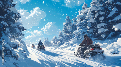 A snowmobile journey through a snowy wilderness, with riders dressed warmly, leaving trails in fresh powder, under a clear blue sky.