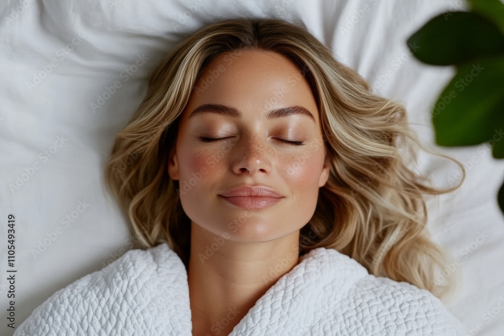 A serene woman with closed eyes, lying back in a white bathrobe, embodies relaxation, self-care, and tranquility, reflecting peaceful moments of rest. A serene woman with closed eyes, lying back in a white bathrobe, embodies relaxation, self-care, and tranquility, reflecting peaceful moments of rest.