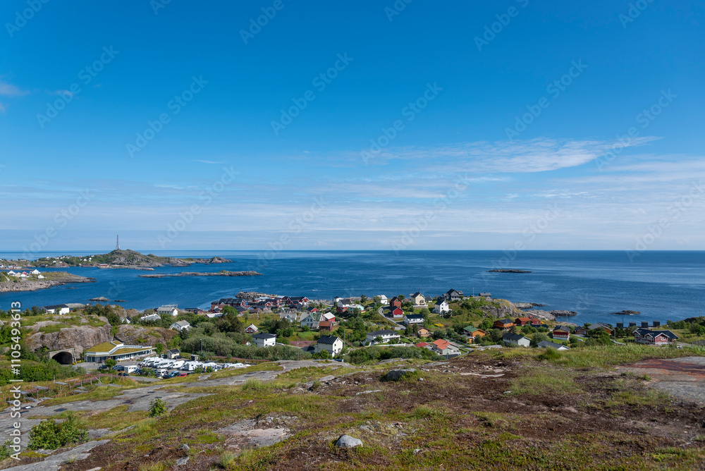Village view and landscape with view of Vestfjord. A i Lofoten in Lofoten district of Norway Village view and landscape with view of Vestfjord. A i Lofoten in Lofoten district of Norway