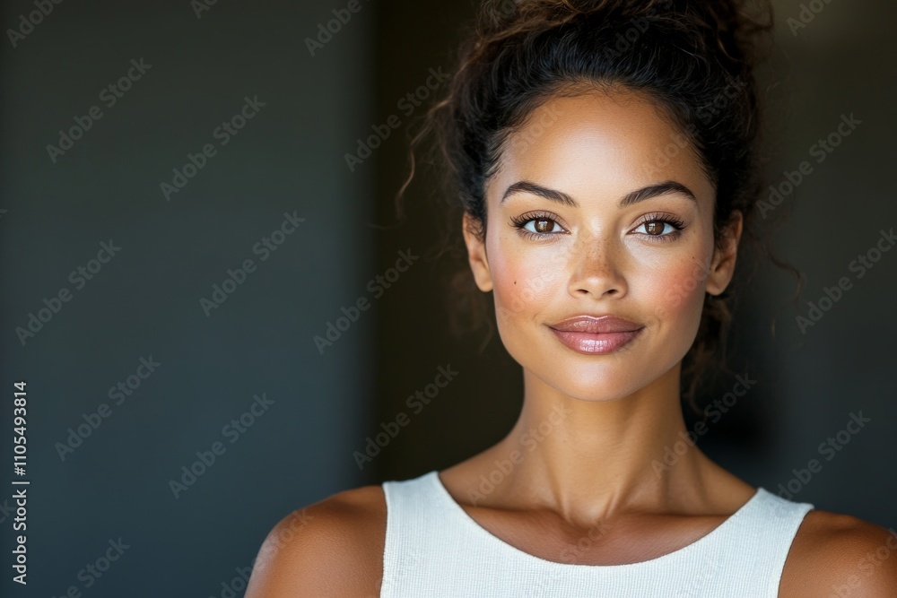 A beautiful woman with curly hair and glowing skin smiles confidently, conveying beauty and positivity in a serene setting.