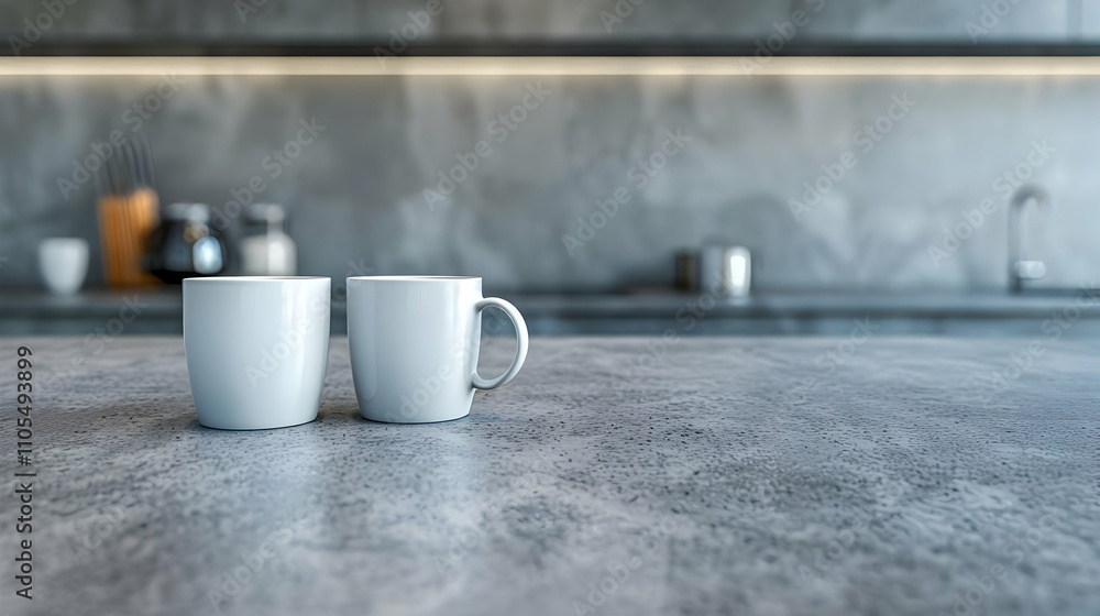 Two White Mugs on Kitchen Counter 3D Illustration Two White Mugs on Kitchen Counter 3D Illustration