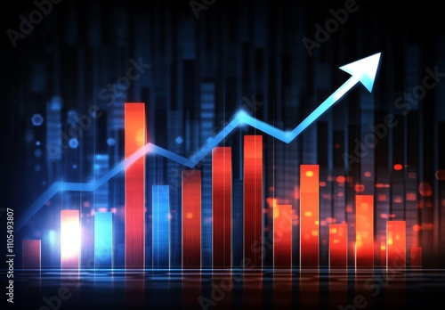 Glowing red and blue line chart going up on black background, stock market graph trending upwards