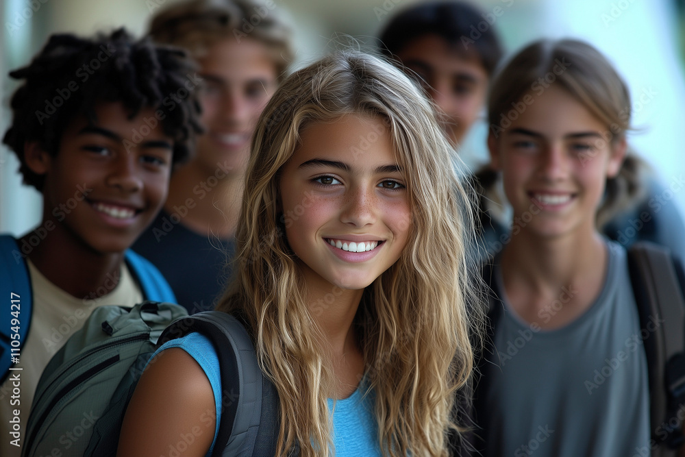 Obraz premium portrait of a smiling pupils, students in the school. boys and girls together at the university . teenagers studying, having time in school. AI Generated AI Generated