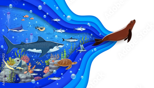 Cartoon sea underwater animals and ocean landscape with paper cut waves, seal, shark and marine life. 3d vector banner, ocean depth teeming with vibrant coral and fish, turtle, stingray and seaweeds