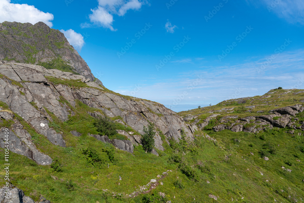 Landscape above Andstabbvika bay. A i Lofoten in Lofoten district of Norway Landscape above Andstabbvika bay. A i Lofoten in Lofoten district of Norway